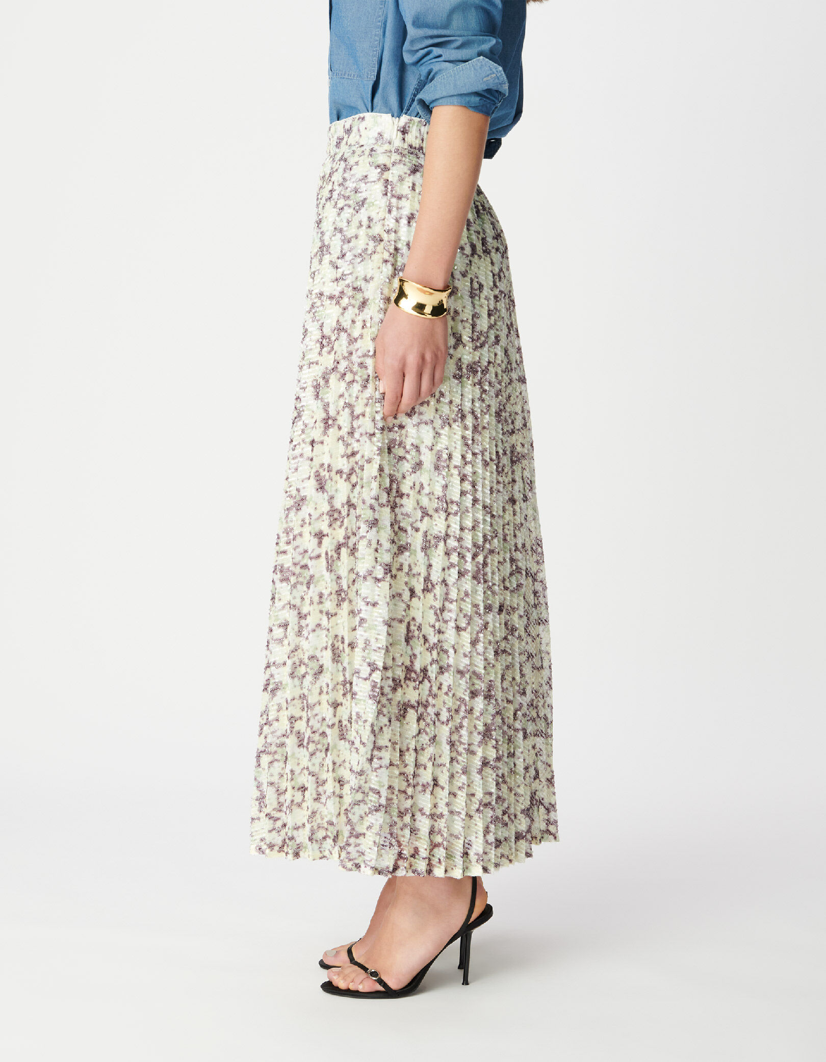 Jupe plissée verte camouflage broderies sequins Femme