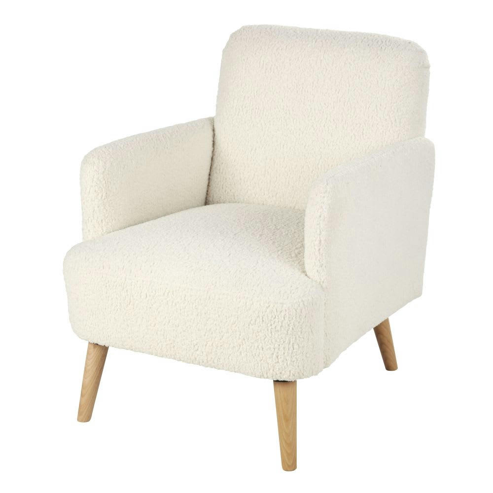 Honey - Fauteuil à bouclettes blanches et pieds en bois de hêtre