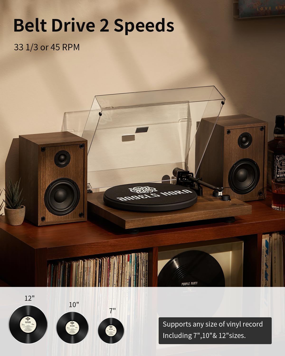 ANGELS HORN Vinyl Record Player  Hi-Fi System Bluetooth Turntable Players with Stereo Bookshelf Speakers  Built-in Phono Preamp  Belt Drive 2-Speed  Adjustable Counterweight  AT-3600L
