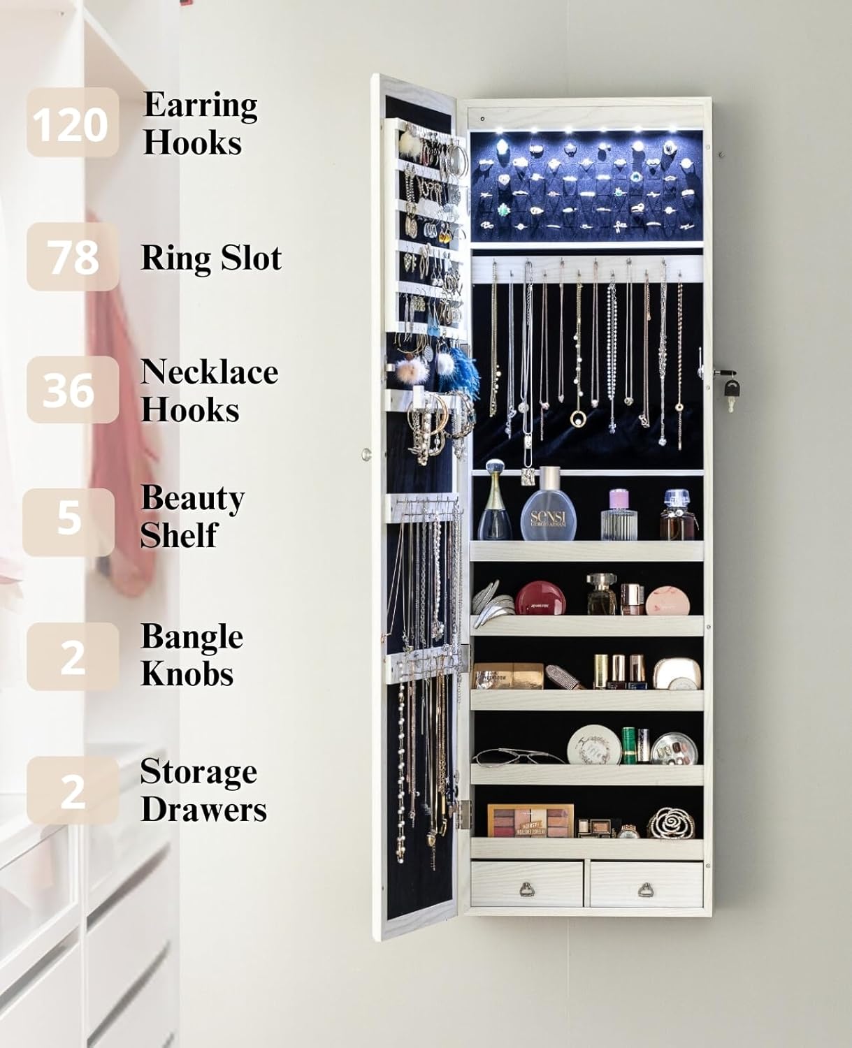 BTEXPERT 47 Mirror Jewelry Cabinet Armoire with 6 LED Lights, Large Full Length Jewelry Organizer with Storage, Wall-Mounted or Door-Hanging Mirror Cabinet, Dove White, Lock Key