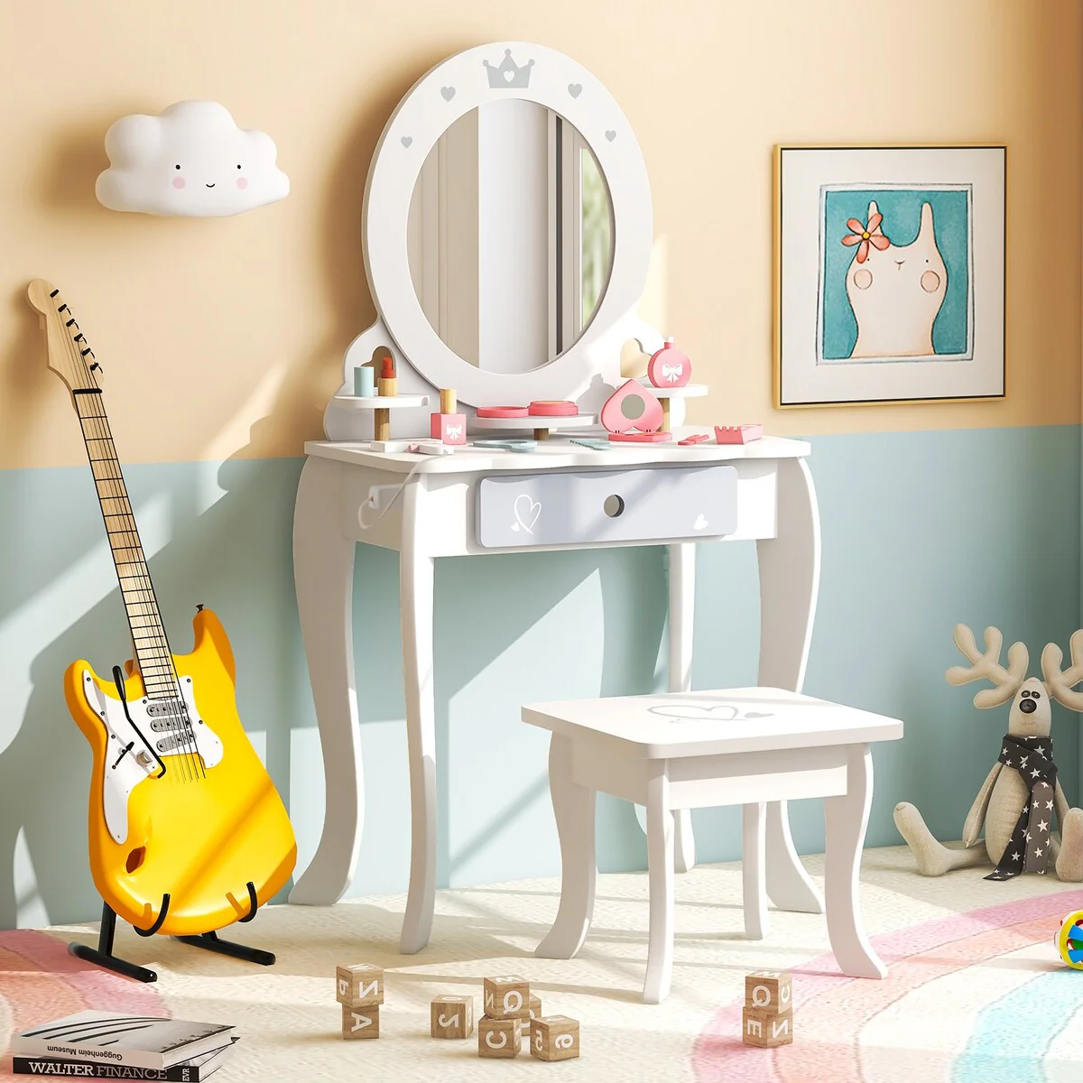 Kids 2-in-1 Princess Makeup Table and Chair Set with Removable Mirror-White - 19.5 x 13.5 x 36.5