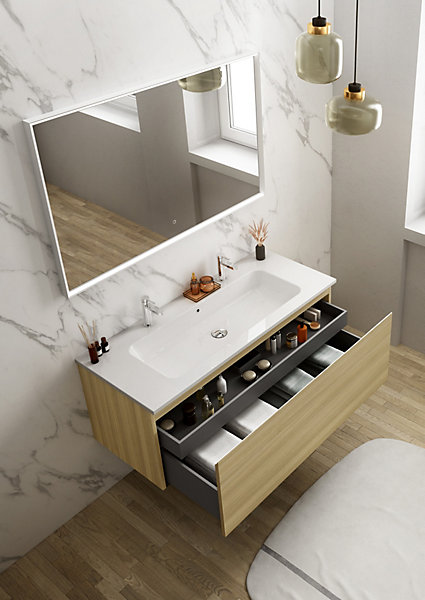 Meuble vasque suspendu effet chêne l.120 cm   plan vasque blanc céramique pour 2 robinets, Pura