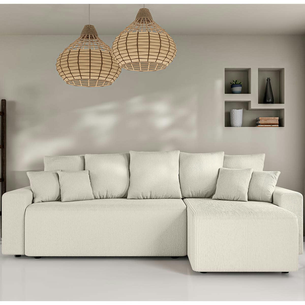 LUCIA - Canapé d'angle convertible 4 places en velours côtelé beige