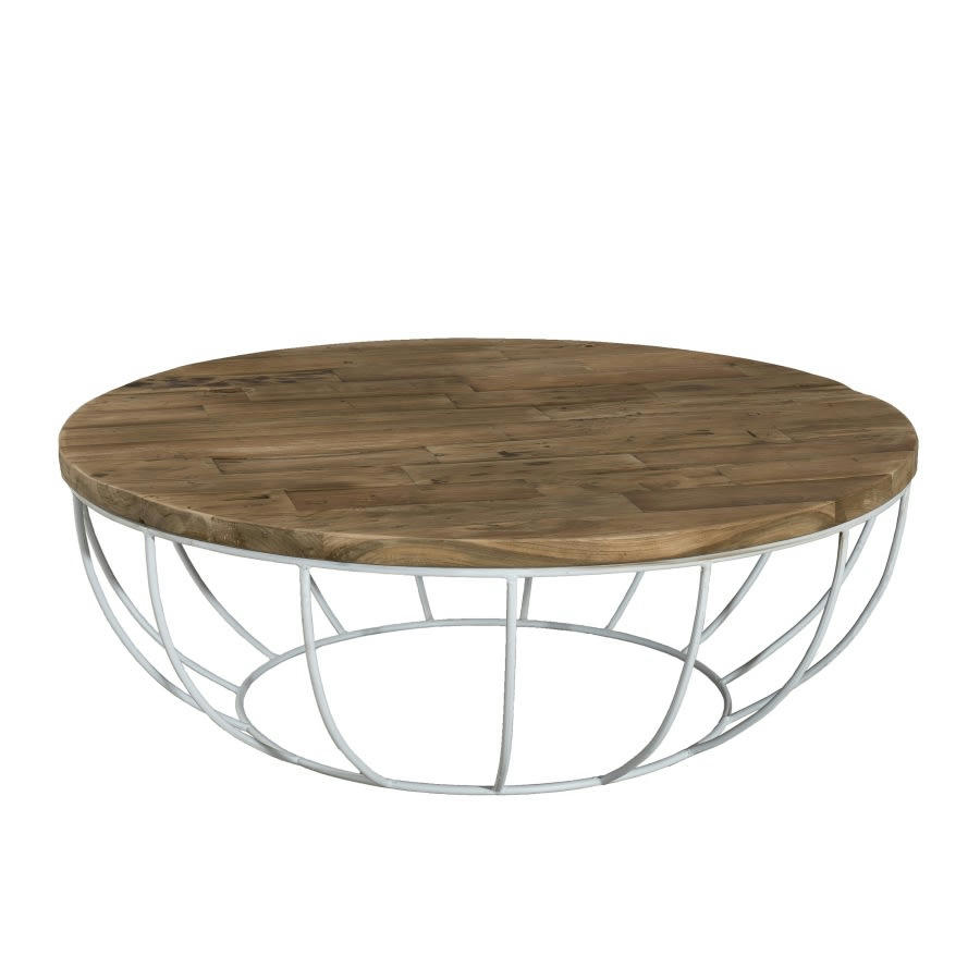 ALIDA - Table basse coque en teck recyclé métal blanc D100