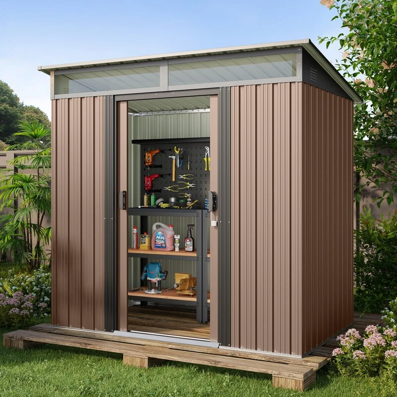 6' x 4' Outdoor Metal Storage Shed, Outdoor Metal Garden Shed with Glass Window and Sliding Door