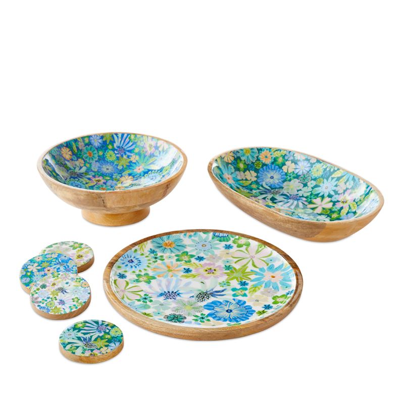 Sia Floral Blue Timber Footed Bowl