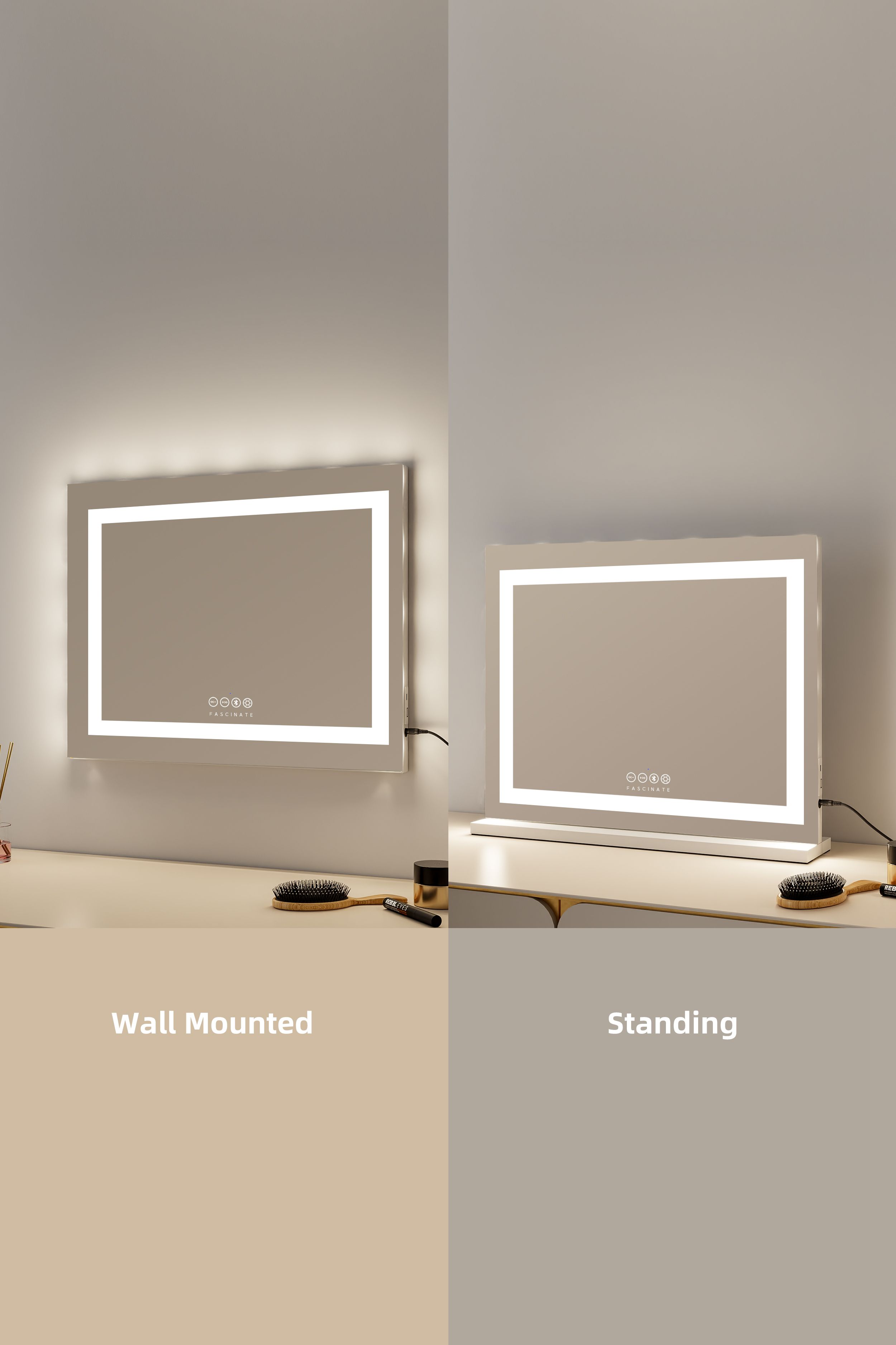 Fascinate Hollywood Vanity Mirror – Hi-Fidelity Bluetooth 5.0 Sound, LED Light Strip, 58x48cm White