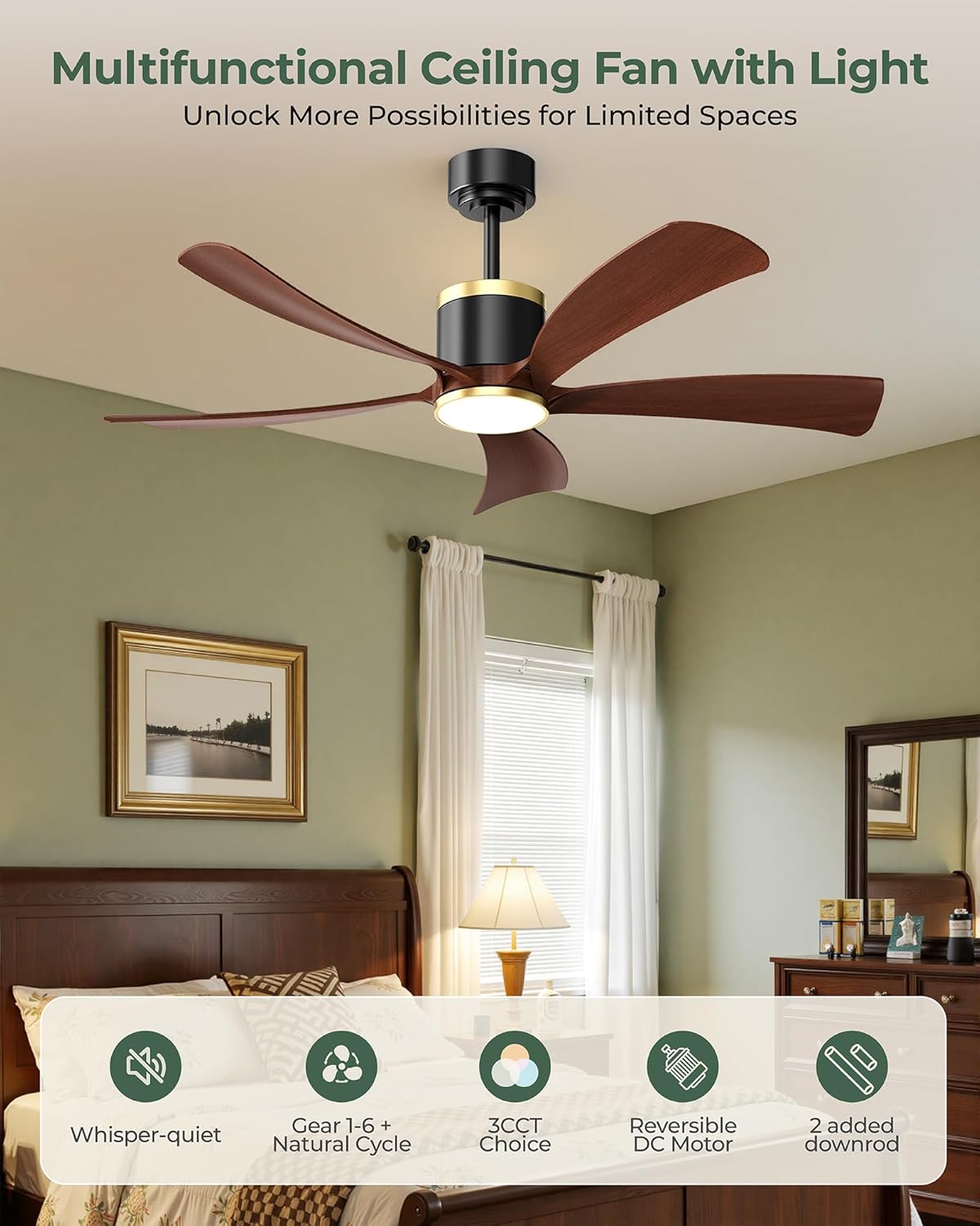BLNAN 52 Premium Walnut Solid Wood Ceiling Fan with Light - Whisper-Quiet DC Motor, 6 Speeds, 3000K-6000K Dimmable LED, Remote Control with Timer, 2 Downrods for Indoor/Outdoor, A++ Energy Saving