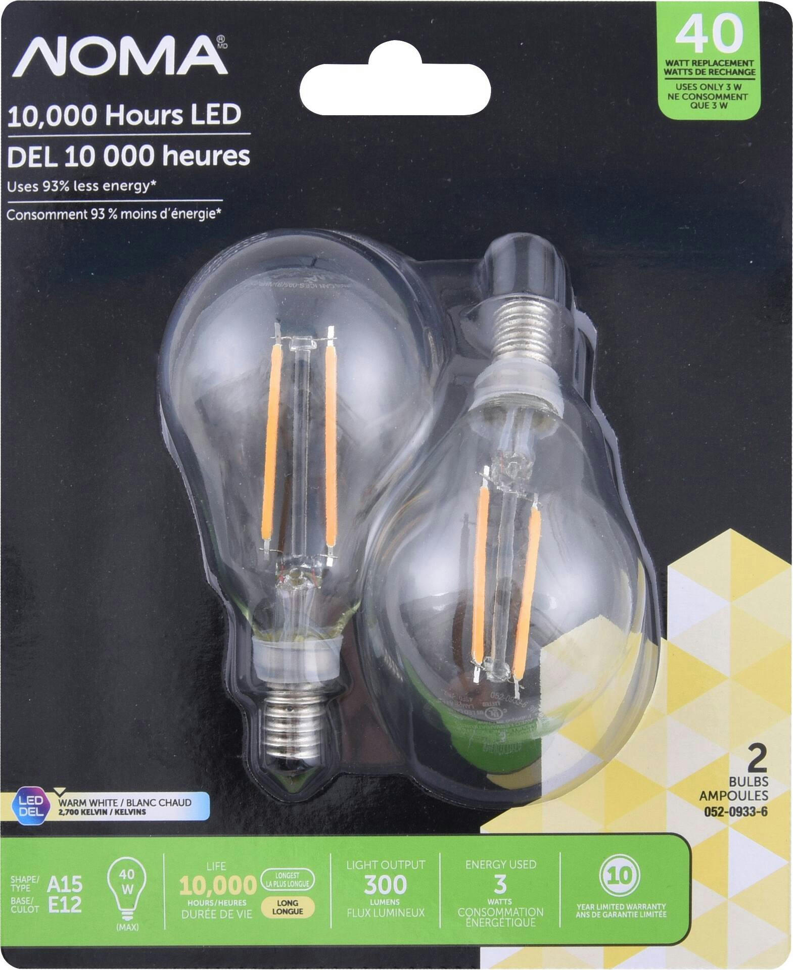 NOMA A15 E12 Base Non-Dimmable LED Filament Light Bulbs, 2700K, Warm White, 40W, 2-pk
