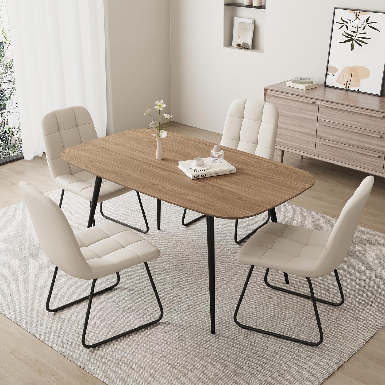 47.2'' Dining Table Set for 4,Modern Wood Dining Table,Leather Dining Chairs 4,Table and Chairs Set of 4,Ideal for Kitchen Dining Room (Walnut Color Table + 4 U-Shaped White Chairs, 47.2)