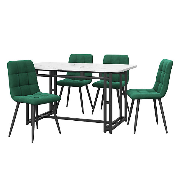 Ensemble Table et Chaises - Table Rectangulaire en MDF avec 4 Chaises en Velours, Pieds Métal Noir - Blanc et Vert Foncé