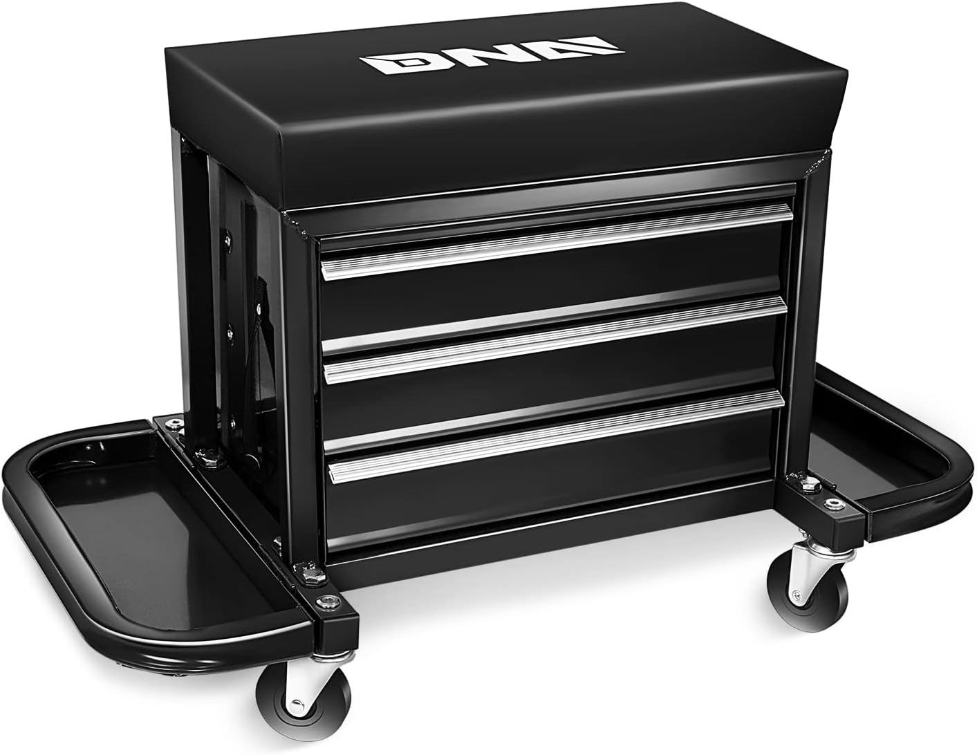 DNA Motoring 3-Drawer Mechanic Roller Seat, Rolling Creeper Garage/Shop Seat with Tool Trays, Rolling Tool Chest Stool with Tool Box, Padded Seat Cushion, 350lbs Capacity, Red, Black, TOOLS-00262