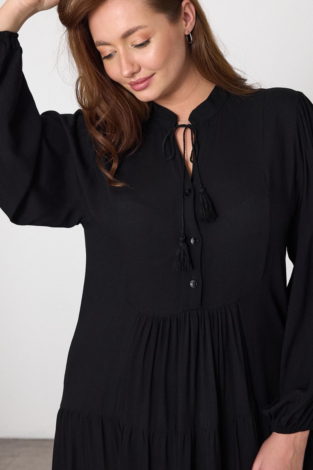 Belissh Tiered Maxi Dress with Tie Neck Detail in Black