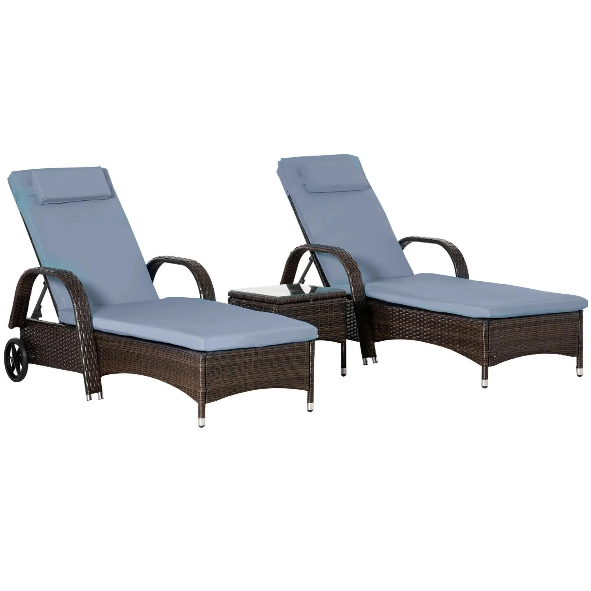 3PC Deep Cushion Chaise Set, 5 Level Adjustable PE Rattan Pool