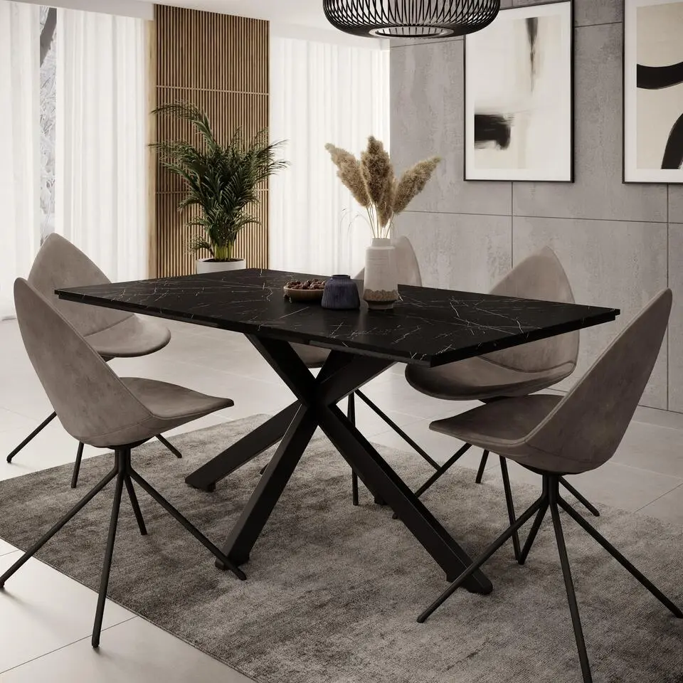 Meubella - Eetkamertafel Wabe - Zwart marmerlook - 160 cm