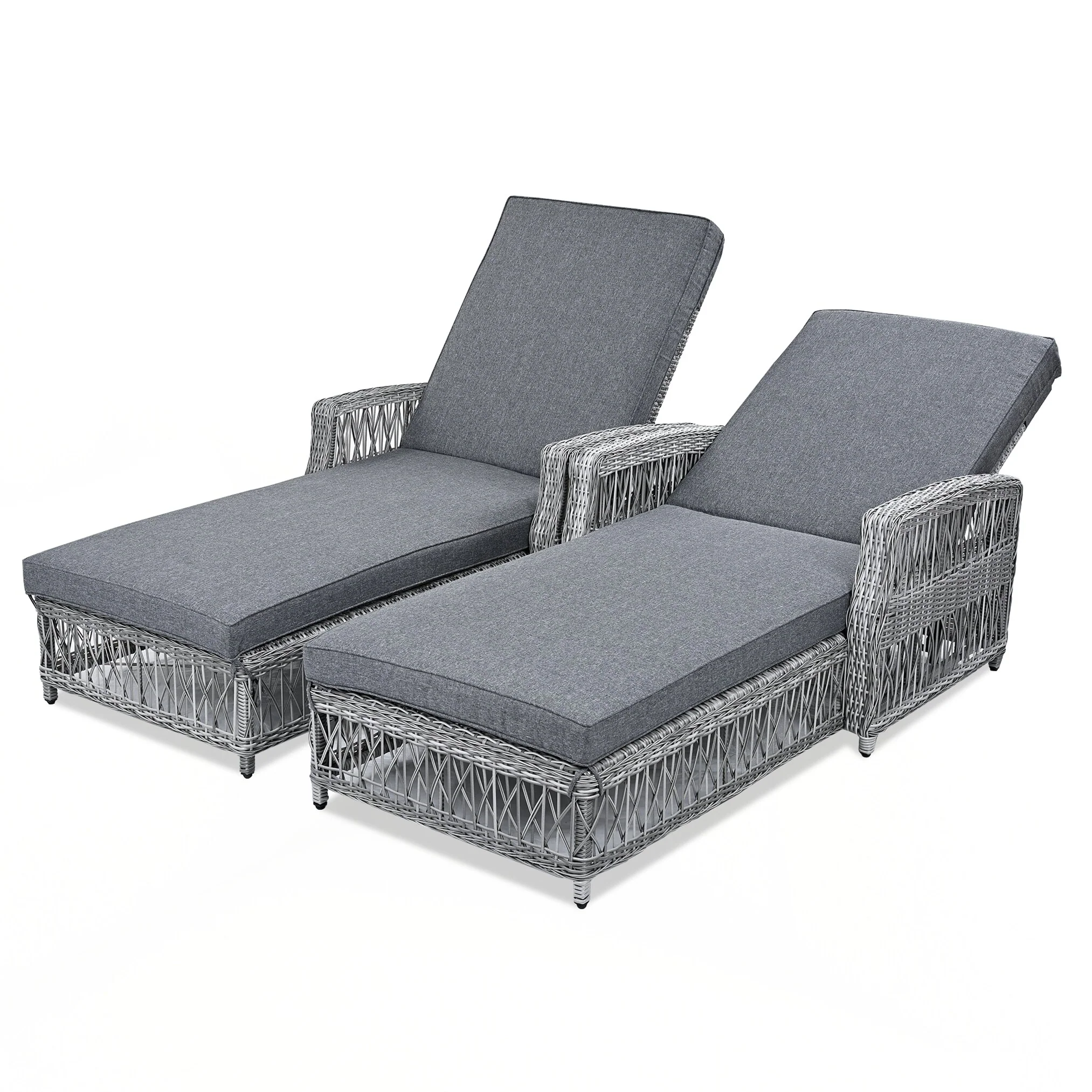 2 Pieces Long Reclining Chaise, Outdoor Wicker Lounge with Armrests, Patio Adjustable Recliner with Soft Removable Cushions