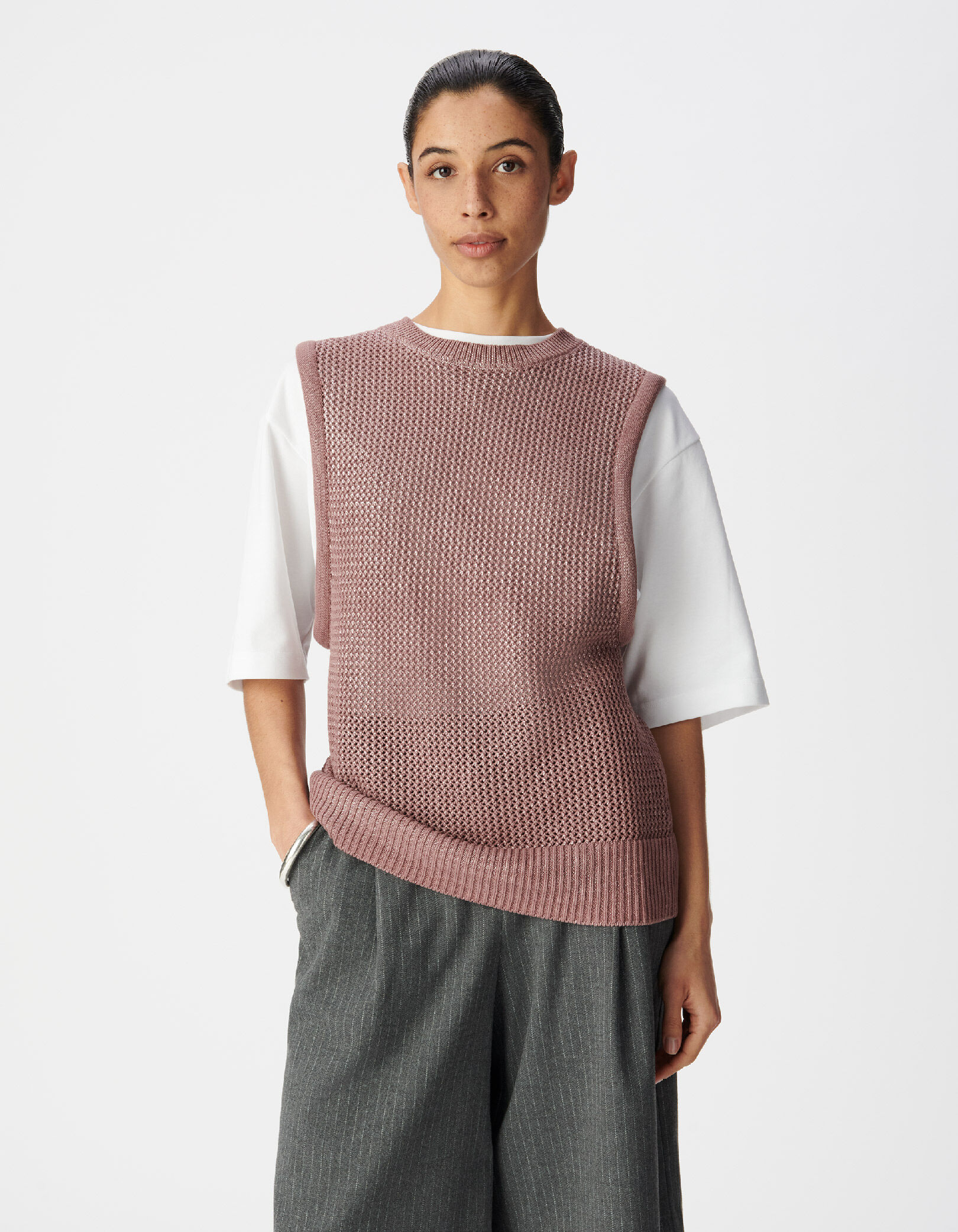 Pull sans manches marron tricot enduit ajouré Femme
