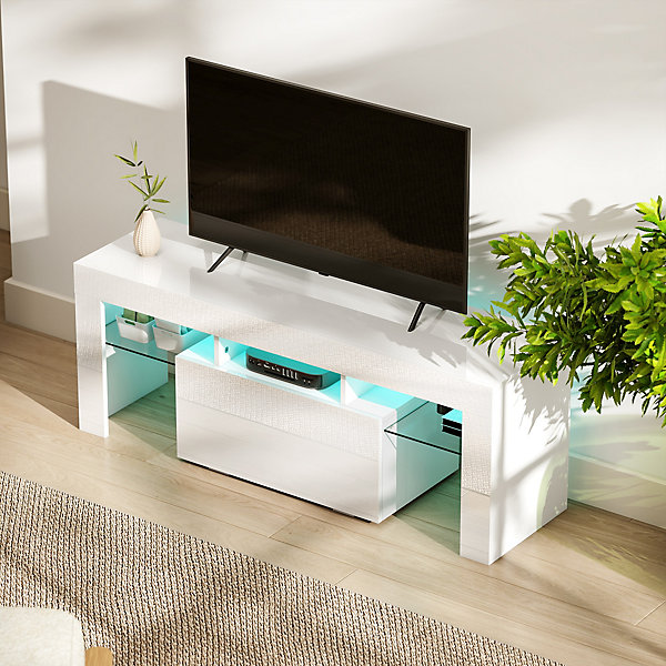 Meuble TV design blanc laqué LED réglable - 2 étagères verre trempé, niche, porte - dim. 120 x 34 x 45 cm