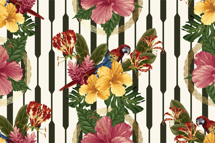 Fototapeta Styl Retro PAPUGI Kwiaty Liście 90x60cm