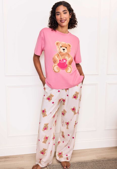 Womens Pink Cherry Teddy Bear Pyjama Set