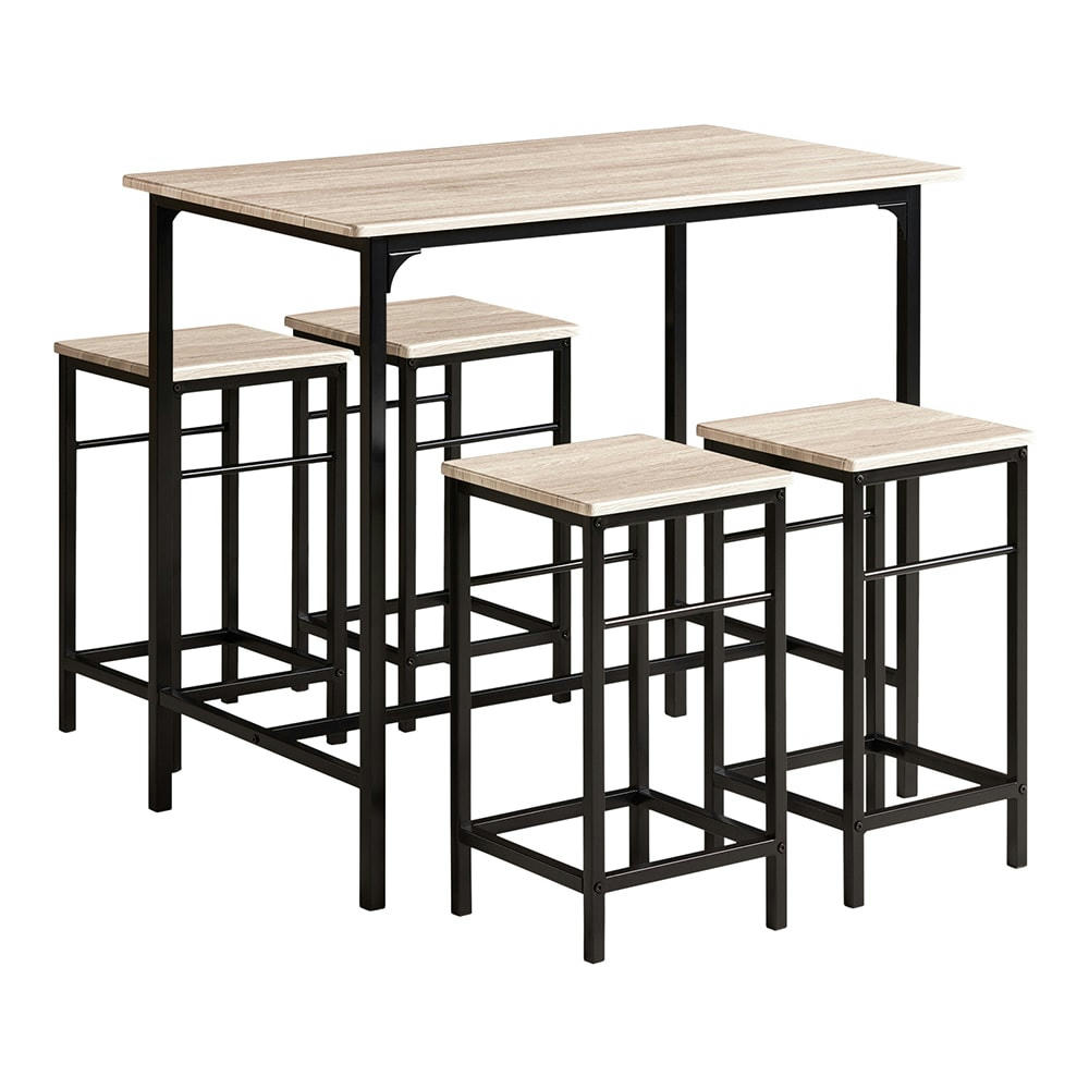 - Set de 1 Table + 4 Tabourets effet bois et métal noir