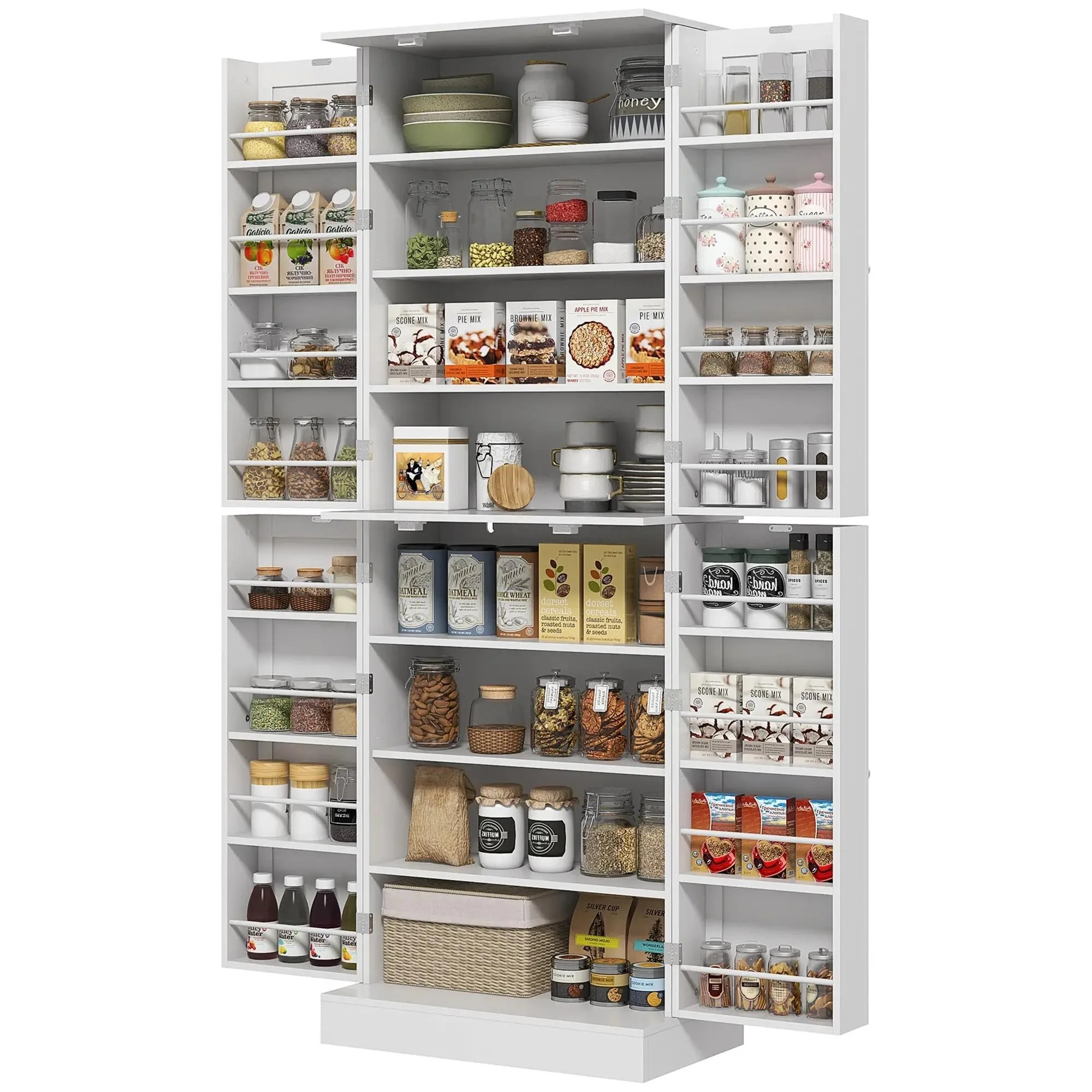 65 Kitchen Cabinet, Pantry Cabinet with 4 Doors and 16 Door Shelves