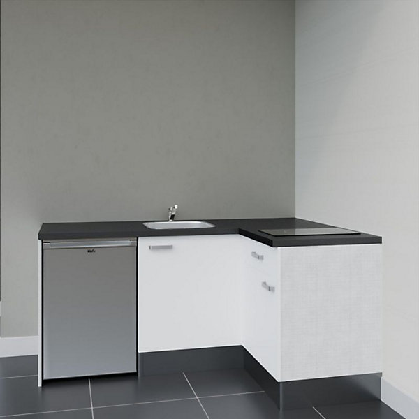 Kitchenette KA01 façades Blanc - Plan de travail Noir texturé - Crédences : Non - Evier inox - Electroménager Inox inclus