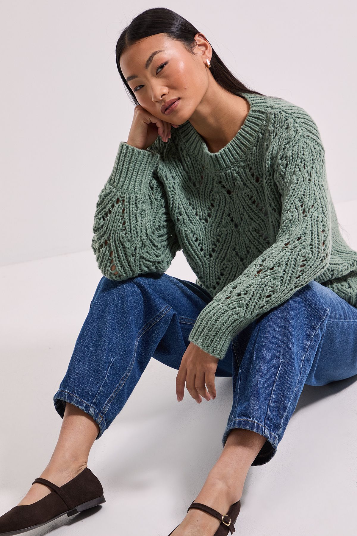 Dorothy Perkins Petite Cable Pointelle Crew Neck Jumper
