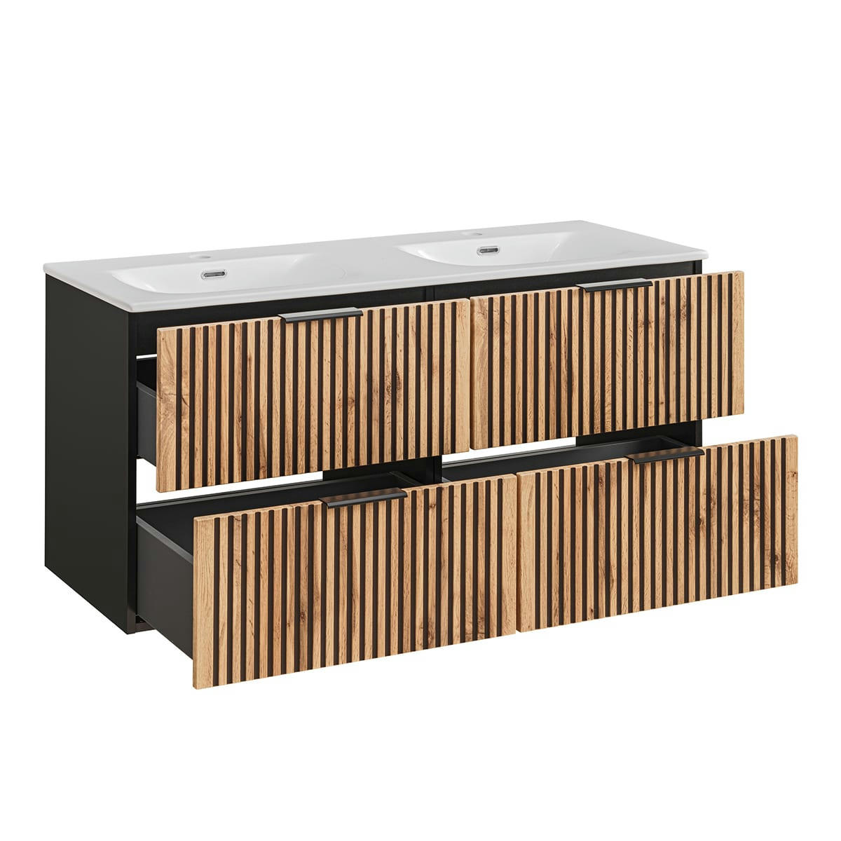 - Meuble double vasque encastrée 120cm naturel et noir