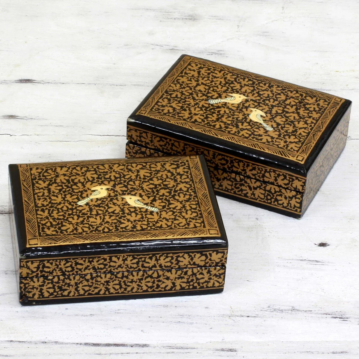 Handmade Avian Whispers In Gold Wood Decorative Mini Boxes (Pair) India - 1.2 H x 3.9 W x 3 D