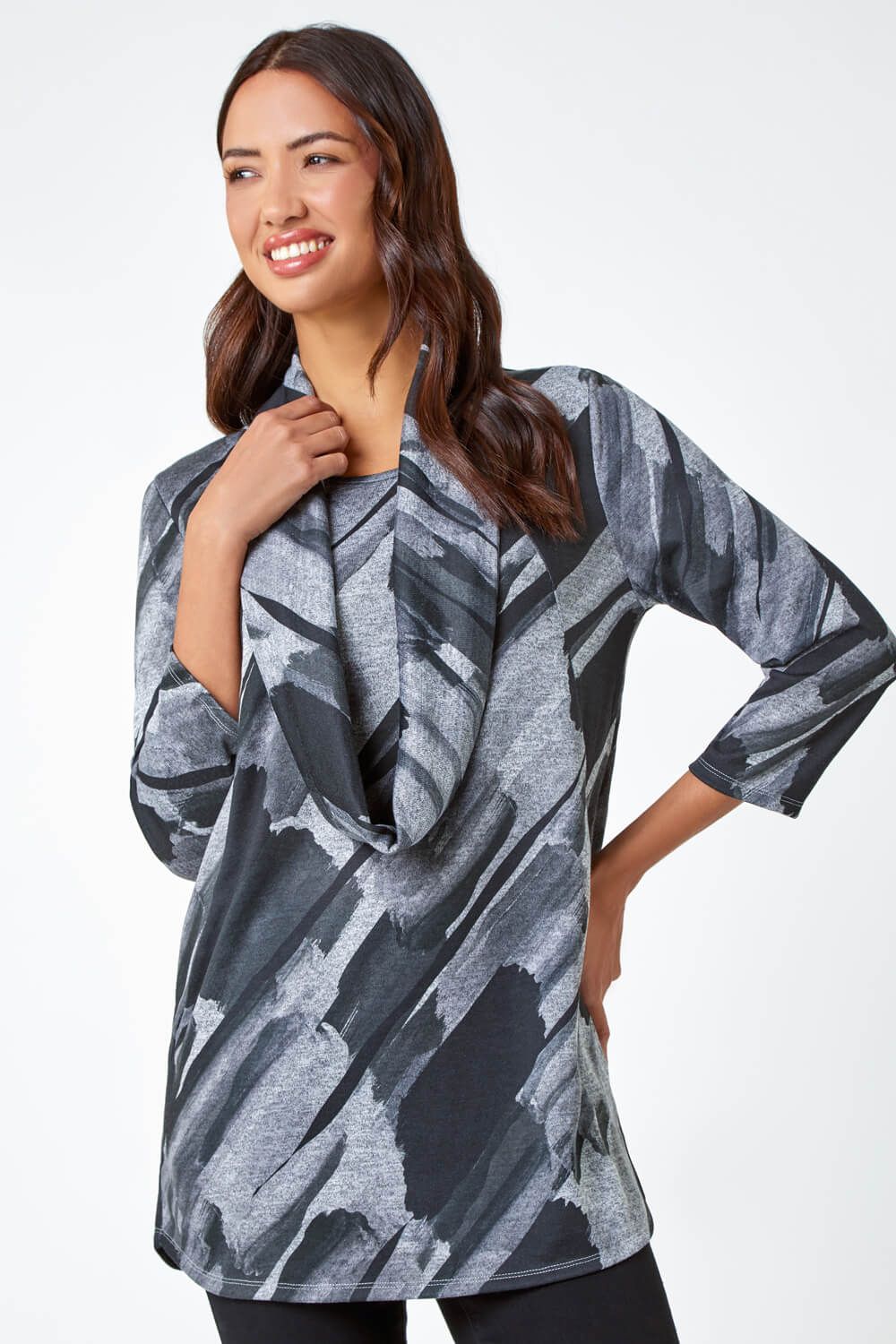 Roman Abstract Print Pocket Tunic Top with Snood