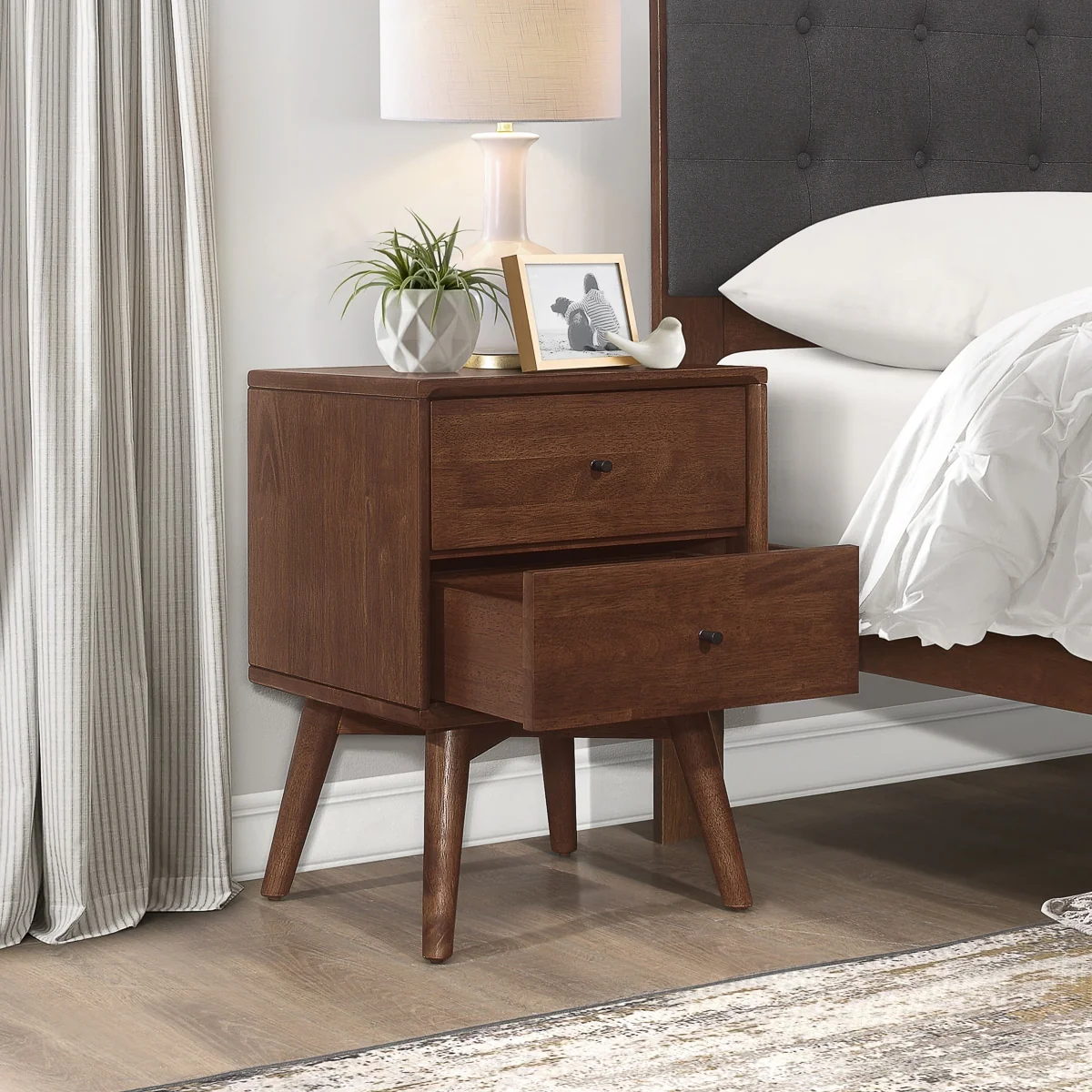Roland Mid Century Modern Walnut Nightstand Bed Side Tables with 2 Drawers