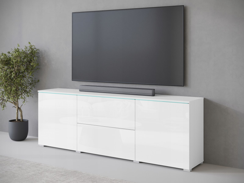 Wysoki lowboard 180 wysoka szafka pod TV szuflady biały mat/połysk z LED