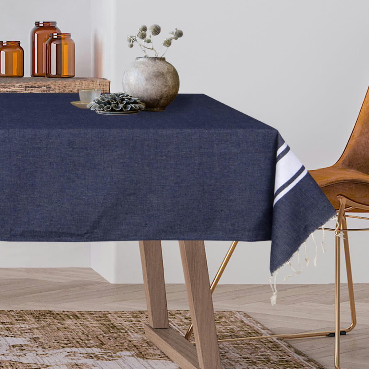 ST TROPEZ - Nappe carrée coton  170x170 bleu jean