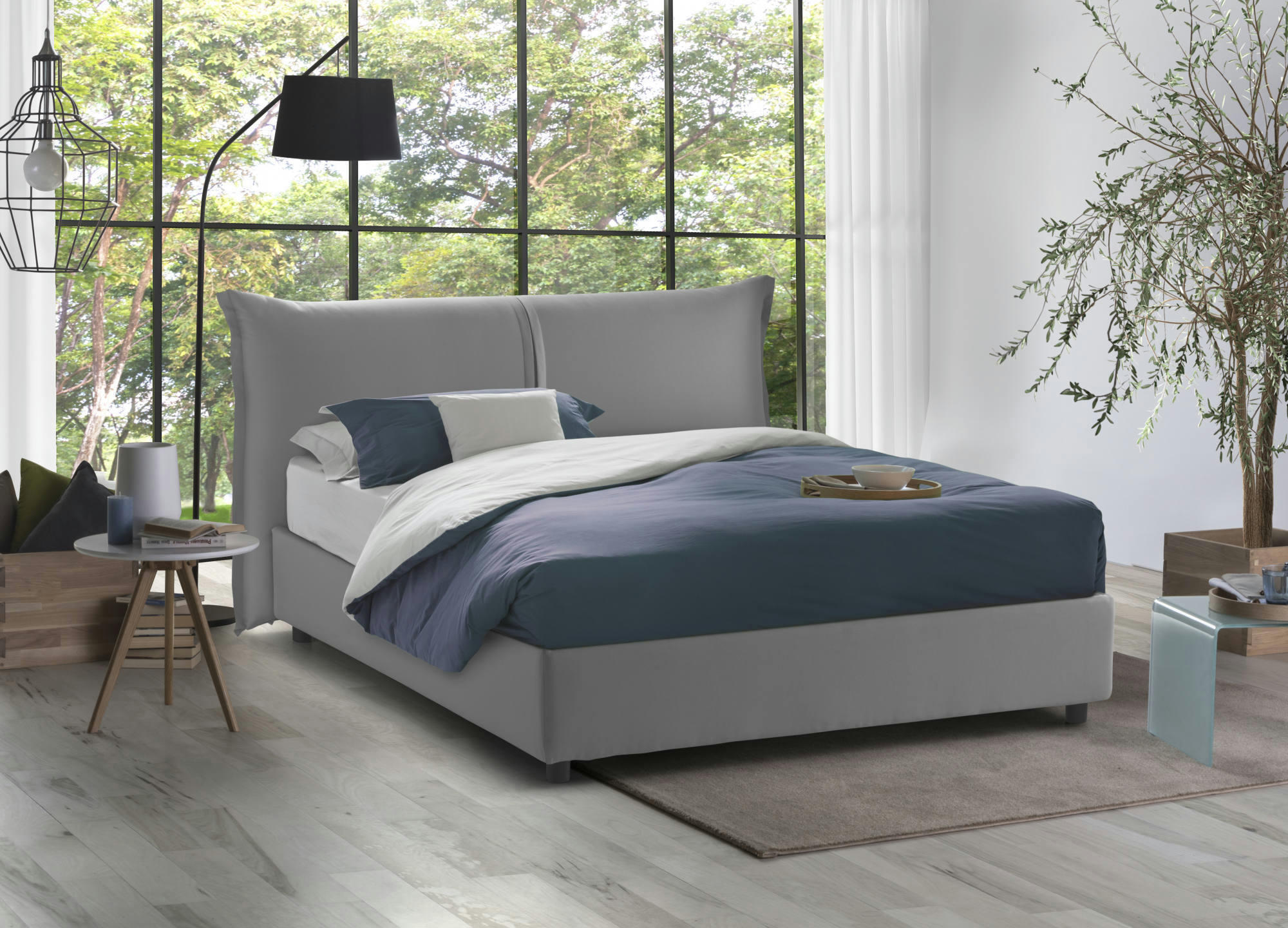 DBAJI - Lit coffre 160x200 cm en tissu gris