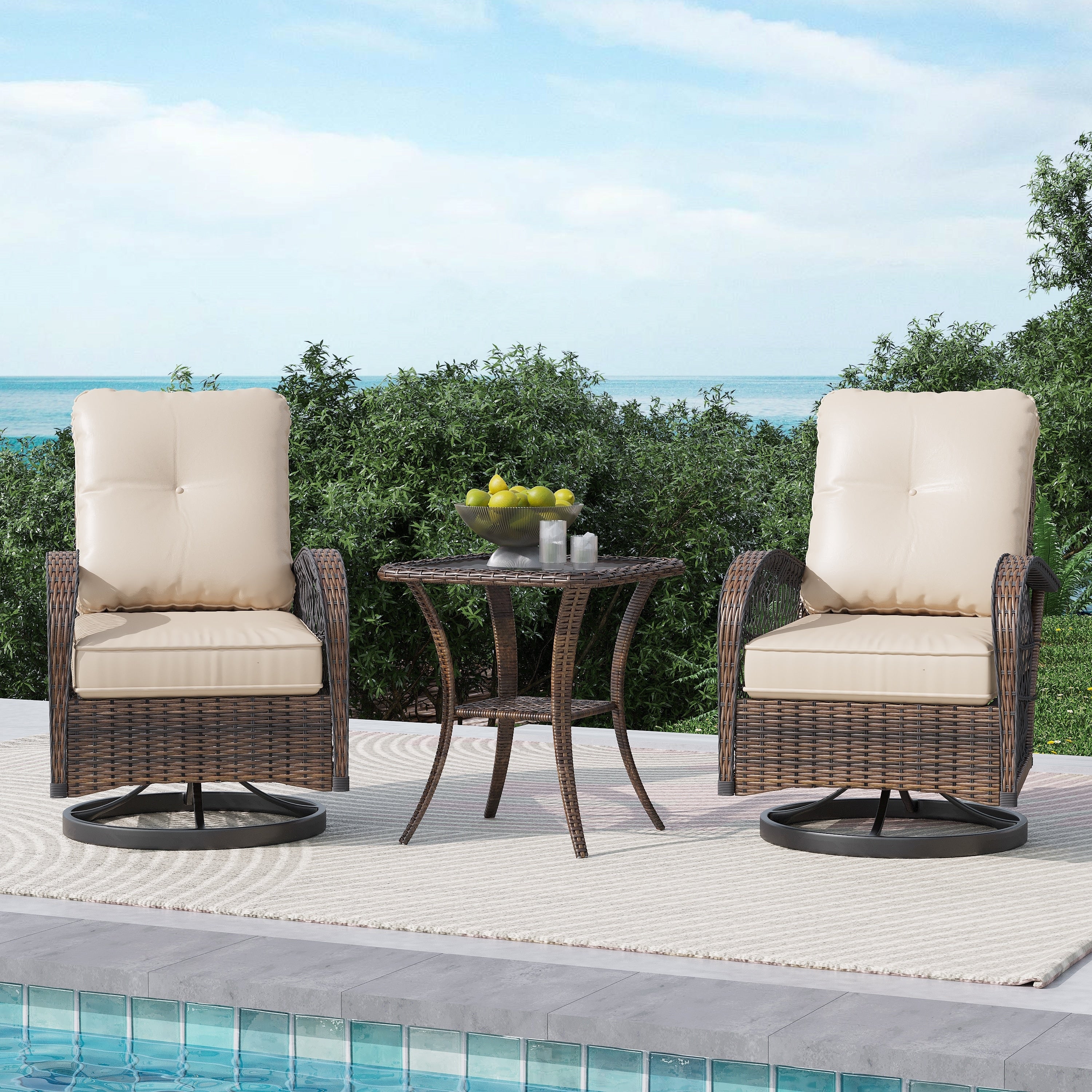EROMMY Outdoor 3 Pieces Swivel Rocker Patio Chair Sets with Glass Table, All-Weather Wicker & Thickened Cushions for Backyard