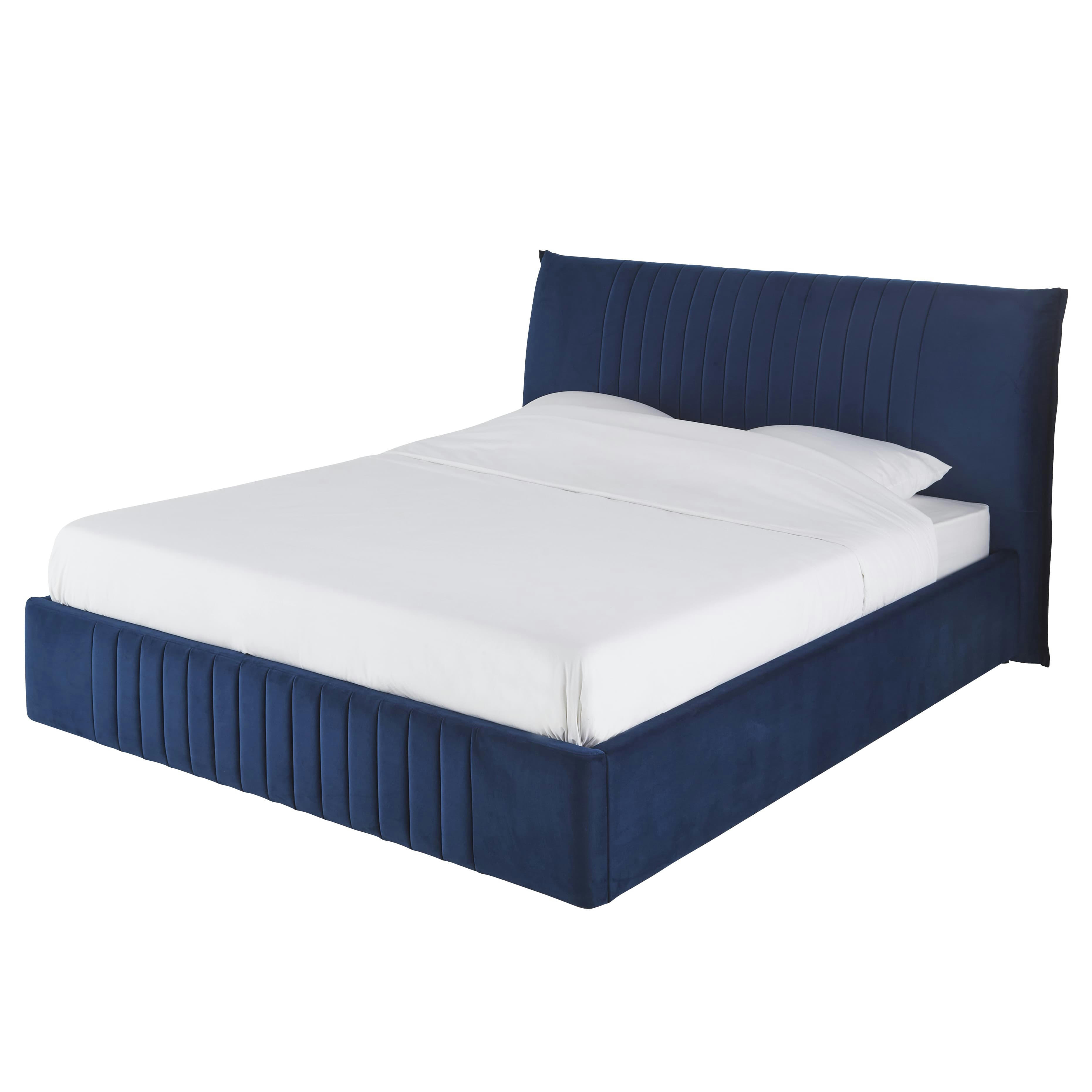 Amazz - Lit coffre 140 avec sommier à lattes en velours bleu