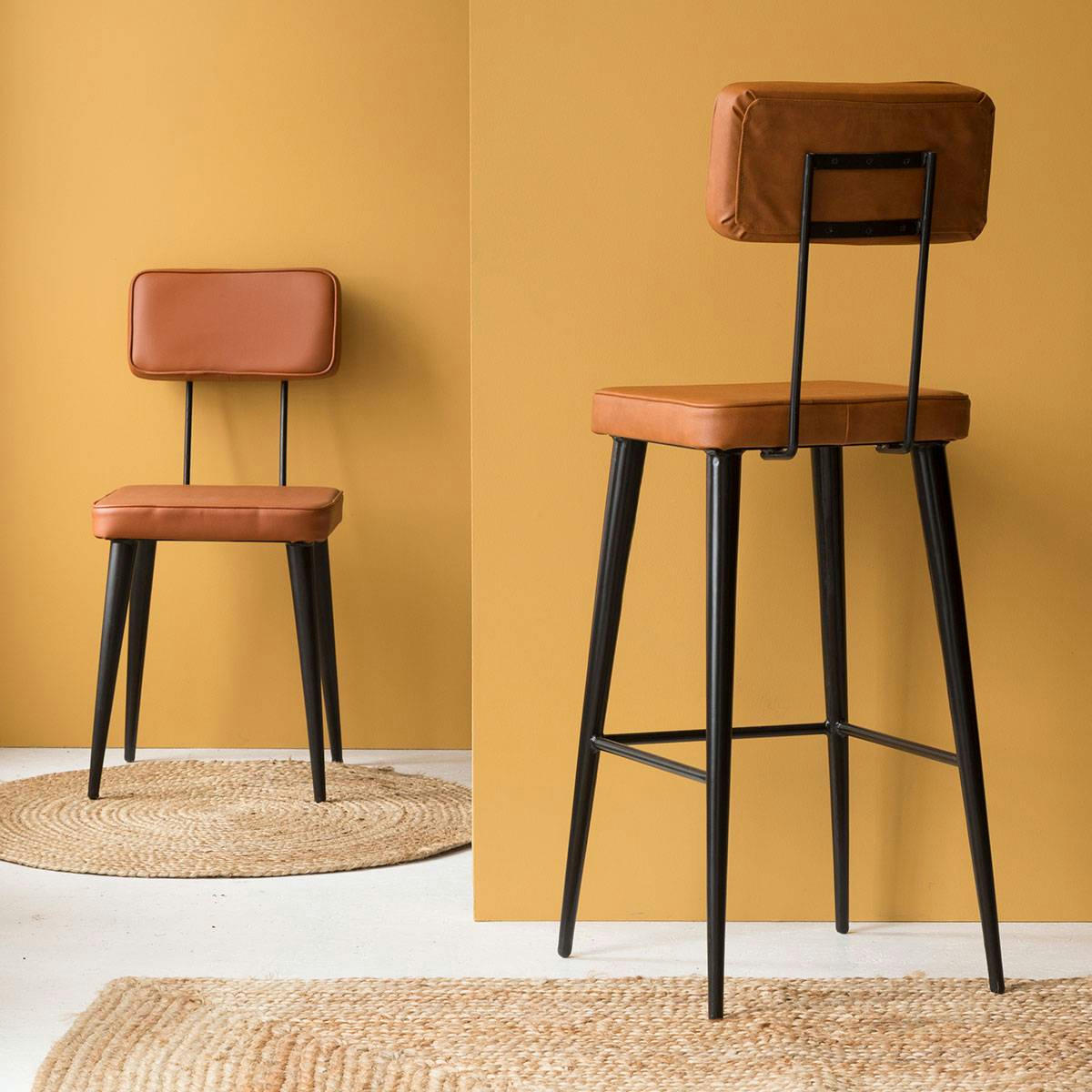 MIM - Tabouret de bar en cuir et croûte de cuir marron 45 cm