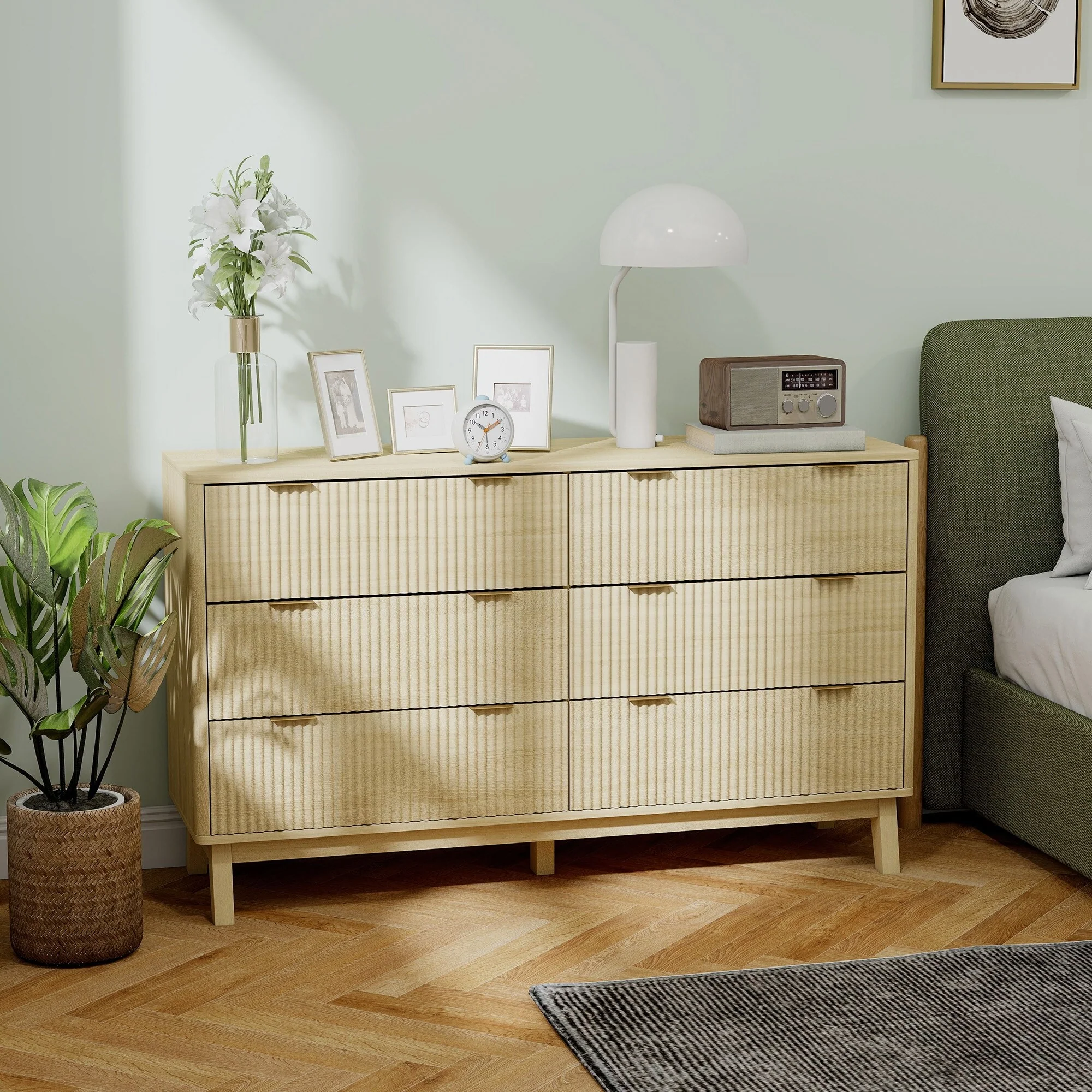 HOMCOM Fluted Dresser for Bedroom with 6 Drawers, 54 Wide Chest of Drawers with Gold Finger Pulls and 5 Wood Legs