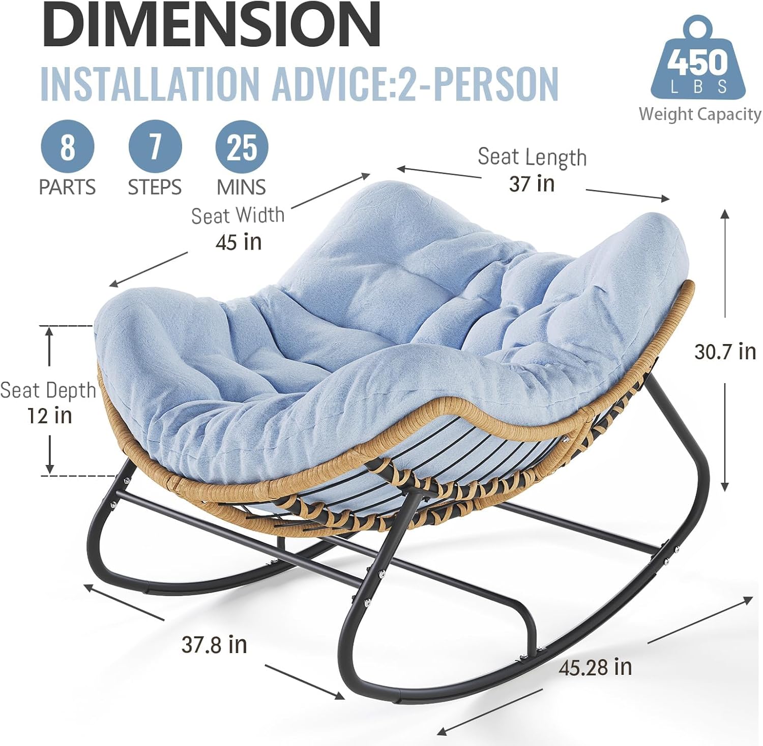 SWITTE Outdoor Rocking Chair, Oversized Patio Papasan Rocker, Comfy Wicker Reading Lounge, Indoor Bed-Like Egg Chair for Bedroom,Balcony, Porch, Garden, Light Blue