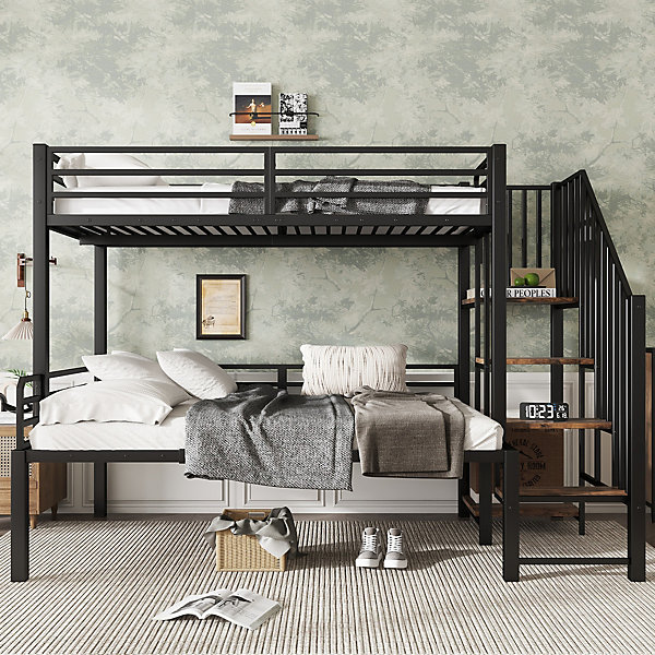 Lit Superposé enfant 90x200 cm et 120x200 cm - avec échelle d'Angle et Rangement, Structure Métal MDF, Noir, Sans Matelas