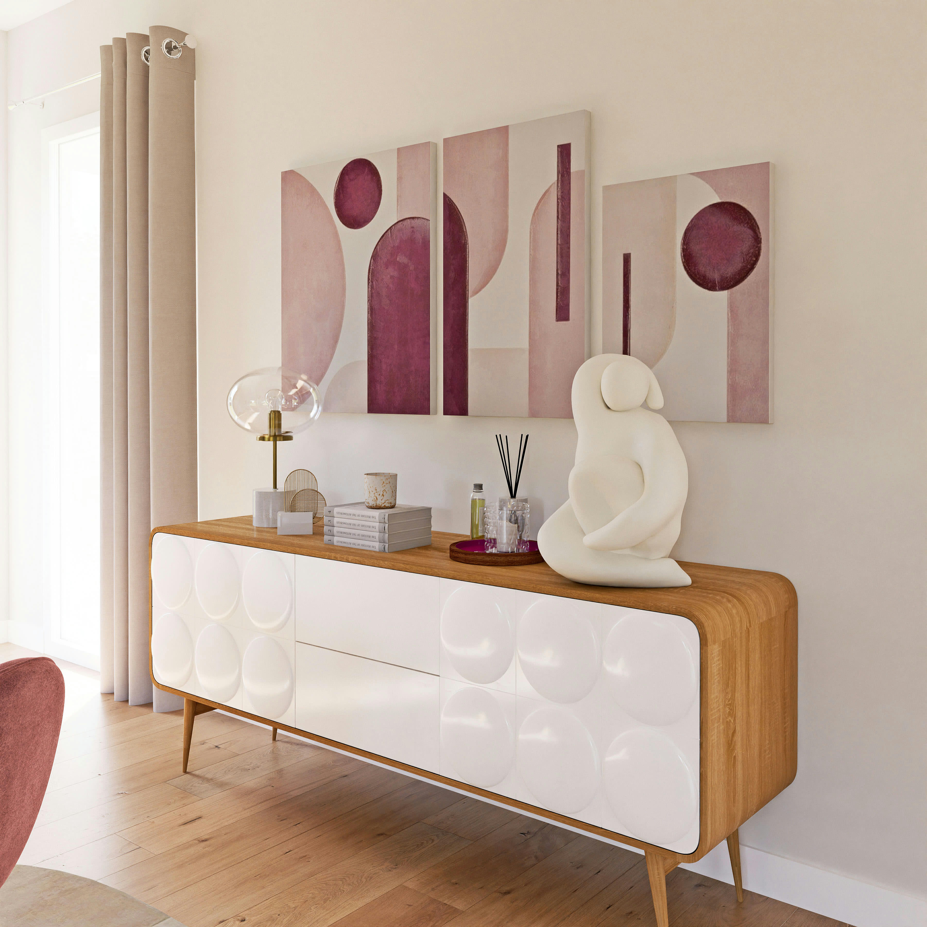 CALDERA - Toiles imprimées et peintes roses et blanches (x3) 70x80