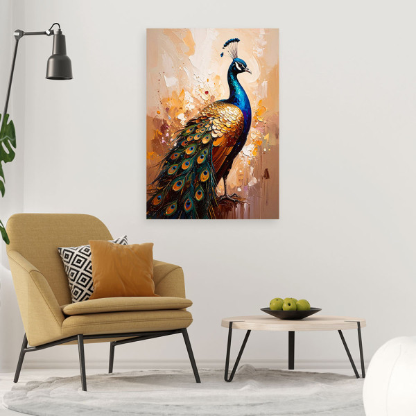 Feeby Obraz do salonu, Kolorowy Paw Ptaki na beżowym tle 40x60