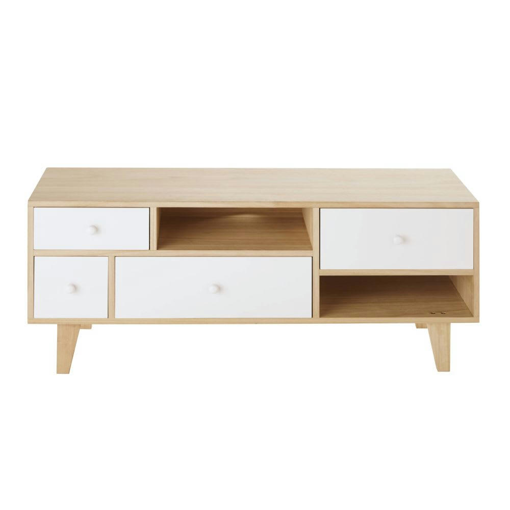 Spring - Meuble TV style scandinave 4 tiroirs en paulownia blanc
