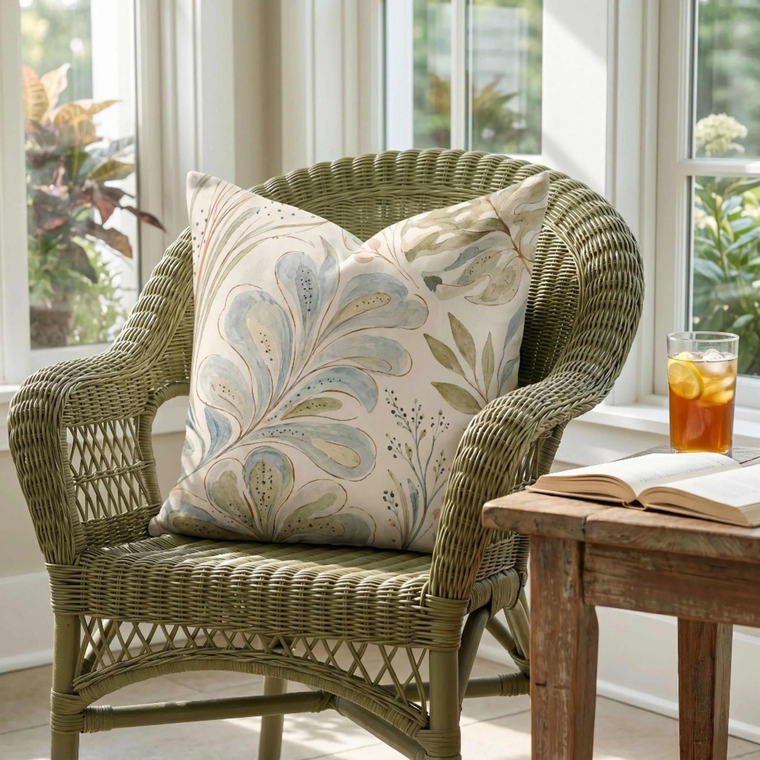 Watercolor Botanical Throw Pillow Sage Cream Blue Modern Coastal Sofa Cushion Living Room Bedroom Beach House Decor Cottage Sunroom Bench