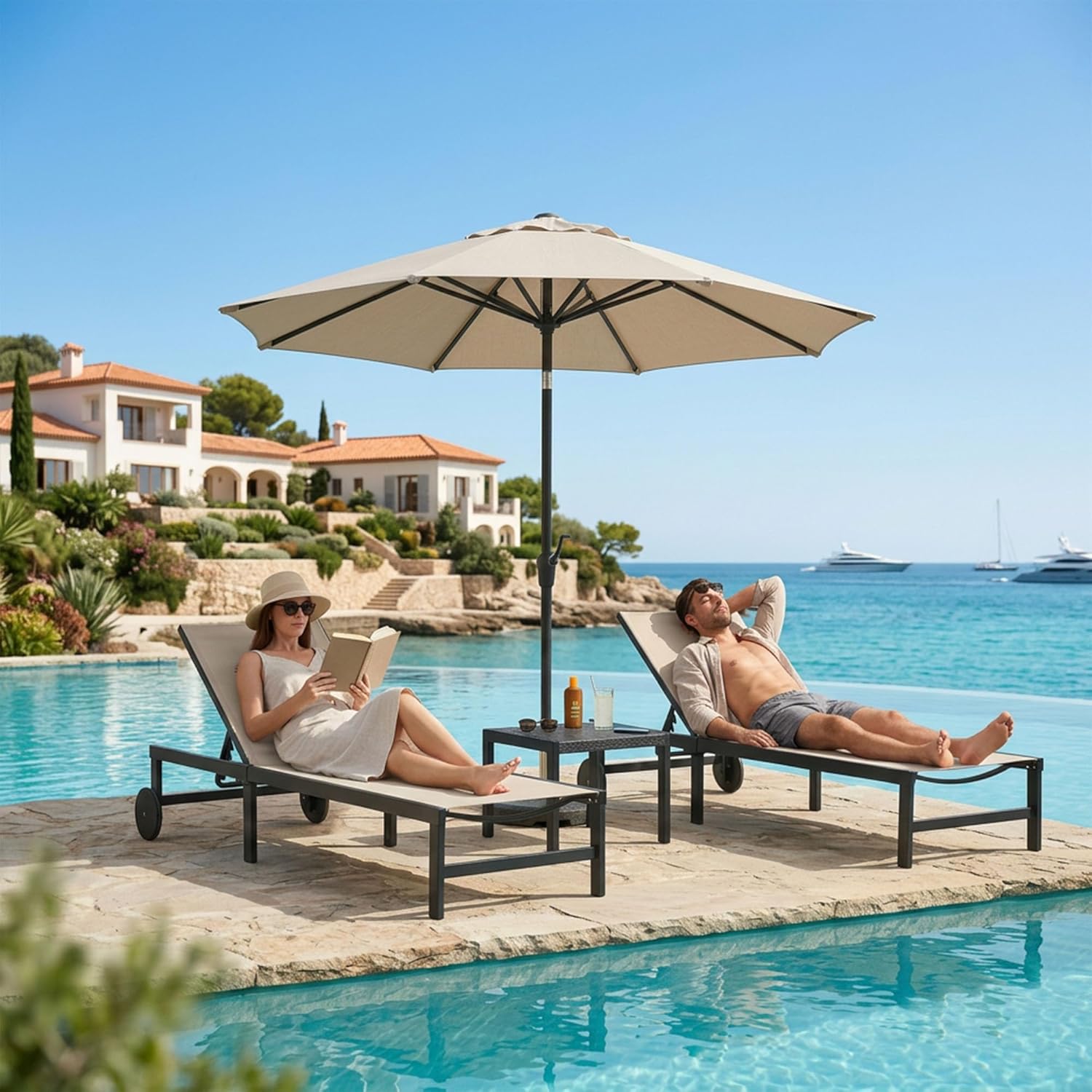 PURPLE LEAF Outdoor Chaise Lounge Chairs Set Recliner Aluminum Adjustable Chair with Wheels and Side Table for Poolside Beach Patio Sunbathing Lounger, Beige