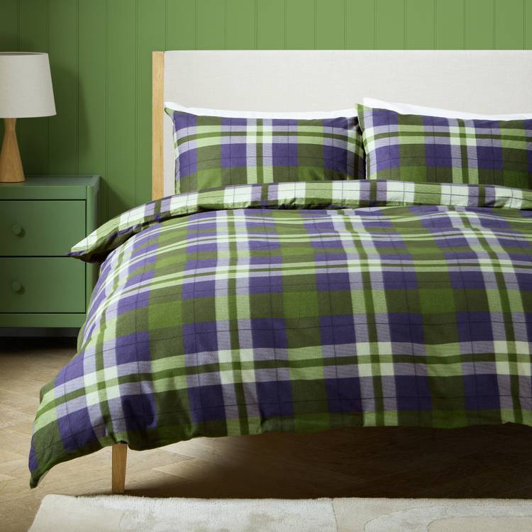 Argos Home Brushed Cotton Check Green Bedding Set - Double