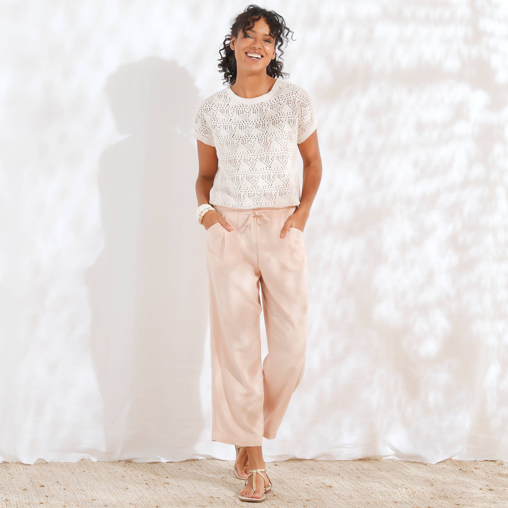Pantacourt large, viscose et lin