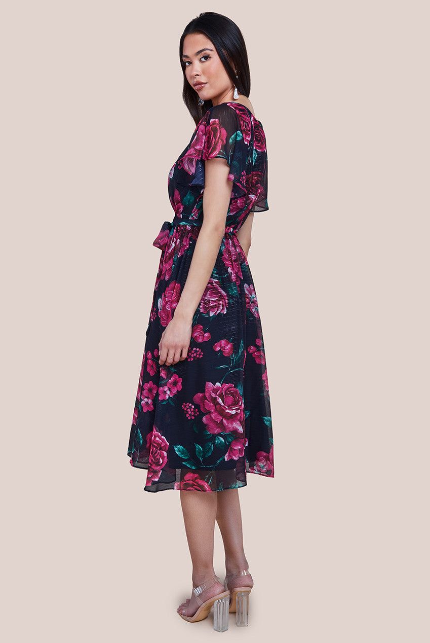 Goddiva Printed Sparkling A Line Flutter Sleeve Midi Dress