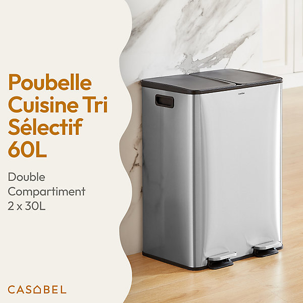 CASABEL Poubelle Tri Selectif 60L, 2x30L Acier INOX CHROME, Double Compartiments, Pedale, Bacs Amovibles, Couvercles Silencieux